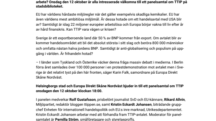Panelsamtal: Frihandelsavtalet TTIP – miljöhot eller framtidshopp?