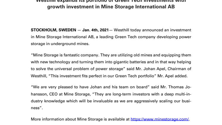 Westhill invests in Mine Storage