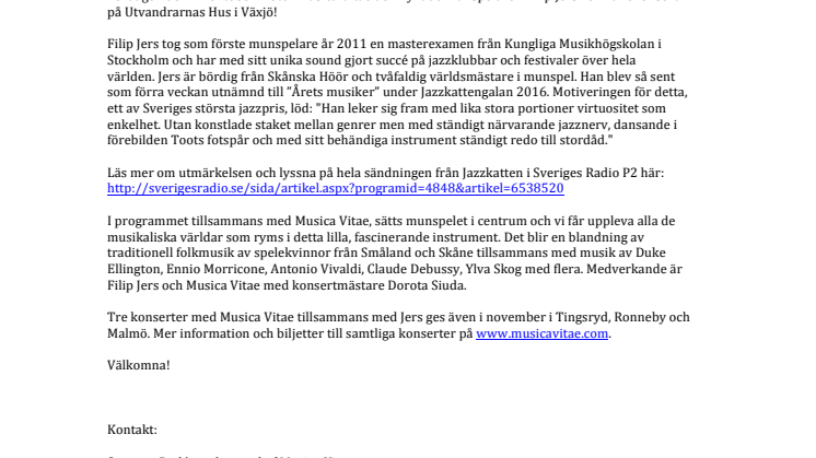 Kaffekonsert med  Filip Jers och Musica Vitae