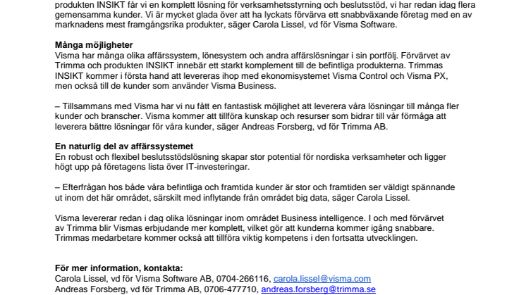 ​Visma förvärvar Trimma och stärker sitt erbjudande inom beslutsstöd och verksamhetsstyrning