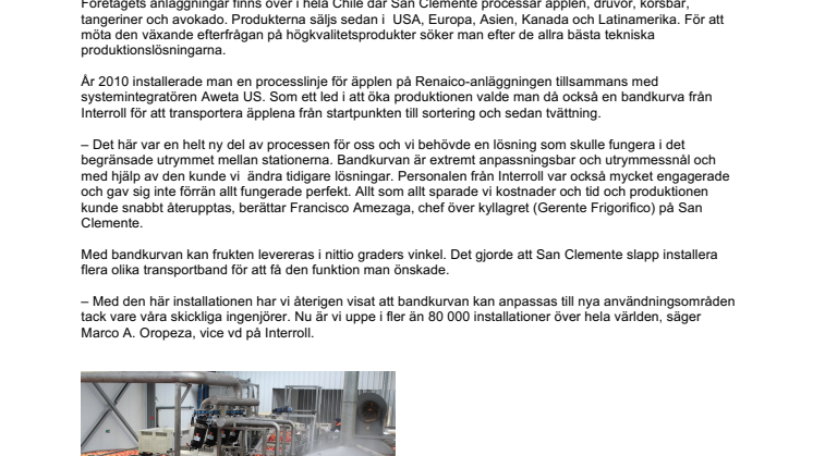 ​Interrolls bandkurva sparar utrymme för Agricola San Clemente i Chile