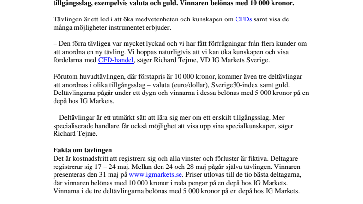 Ny chans att bli Sveriges bästa trader! IG Markets utvecklar succén och bjuder in till ny tävling