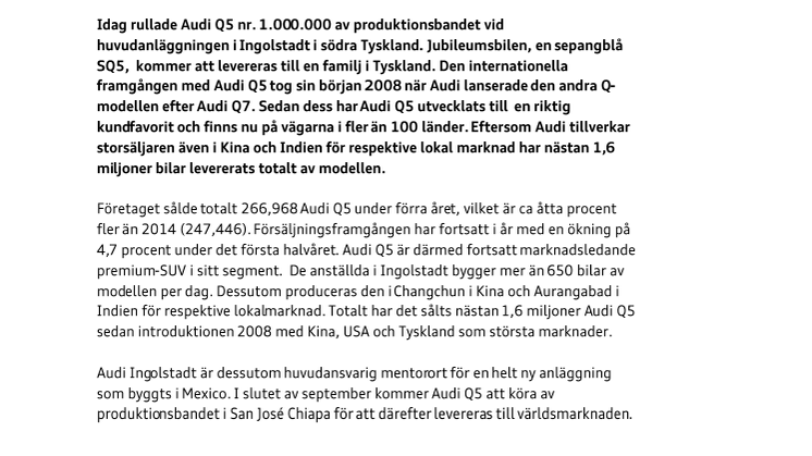 En miljon Audi Q5 tillverkade i Ingolstadt