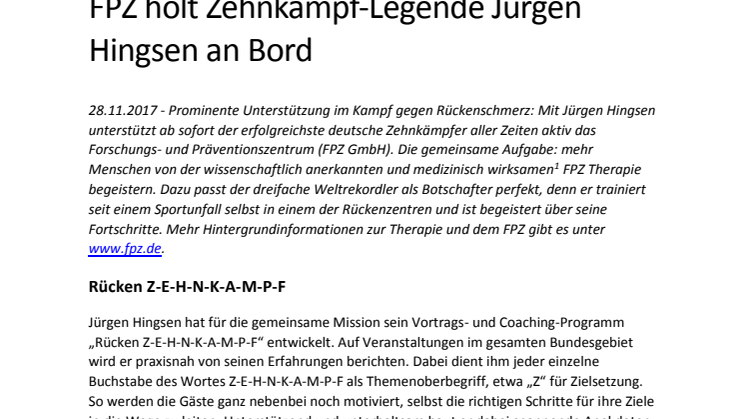 Rückengesundheit in Deutschland: FPZ holt Zehnkampf-Legende Jürgen Hingsen an Bord