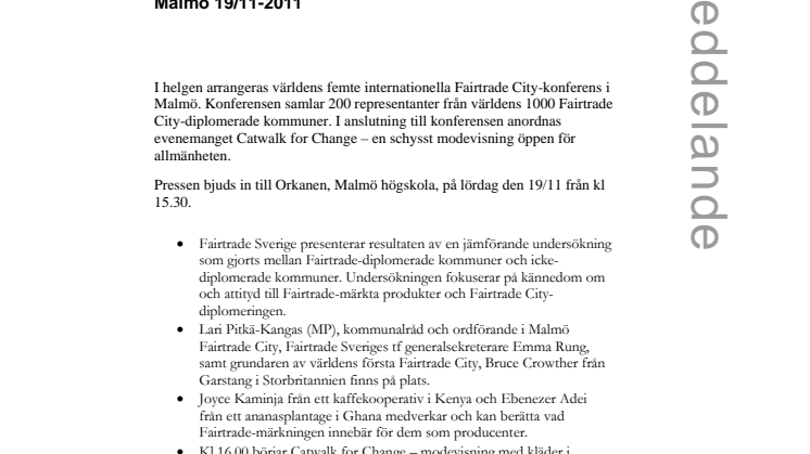 Påminnelse: Pressmingel 19/11 i samband med Catwalk for Change och internationell Fairtrade City-konferens i Malmö