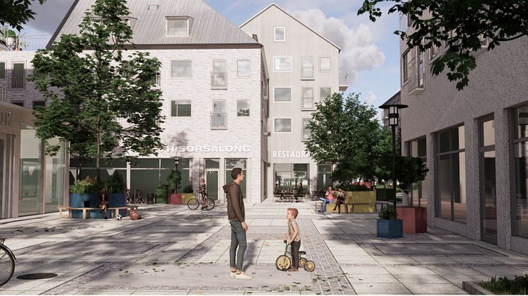Framtidens Lödde centrum: En traditionell stadsmiljö med bostäder, handel och service, nya gågator och ett mindre torg. Förslaget möjliggöra även en koppling från området mot Folkets park i öster.