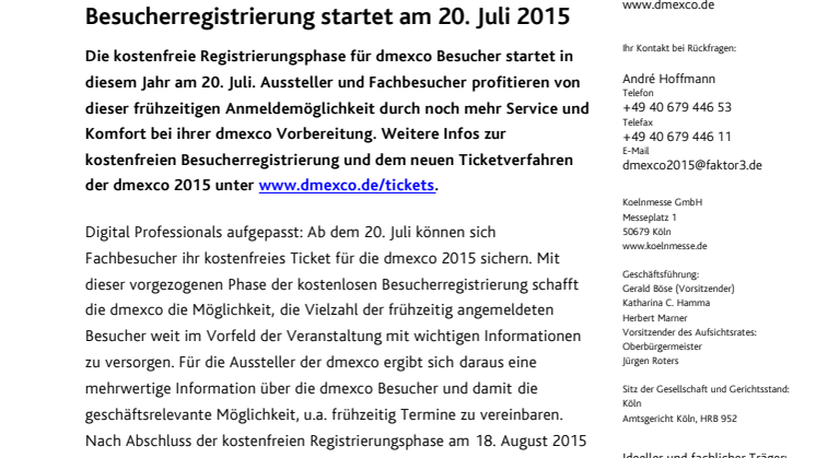 Jetzt vormerken: Kostenlose dmexco Besucherregistrierung startet am 20. Juli 2015
