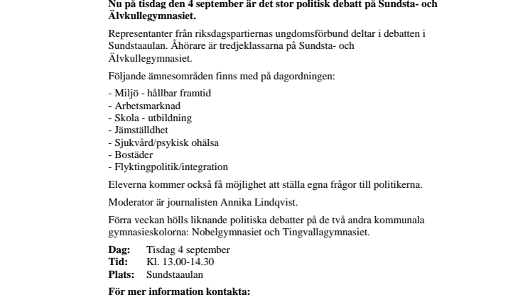 Pressinbjudan: Politisk debatt på gymnasieskolorna