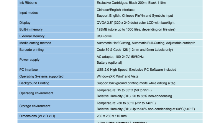 BMP91 Tubing & Label Printer Specifications