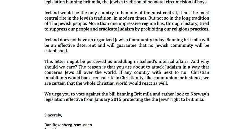 Joint statement to MPs from Nordic Jewish Communities on proposed anti-circumcision legislation in Iceland 