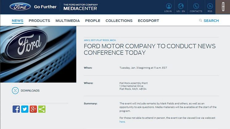 Ford Motor Company to Conduct News Conference Today (kl 17.00, Danmark)