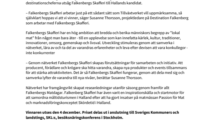 Snart vet vi om Falkenbergs Skafferi får Stora Turismpriset 2019
