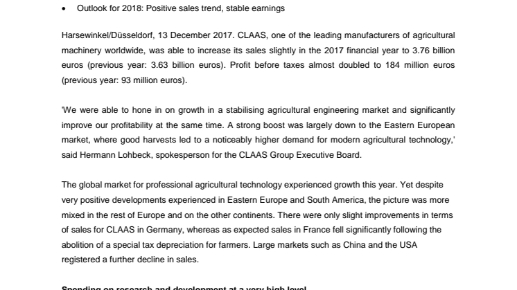CLAAS is experiencing profitable growth in an improved market environment