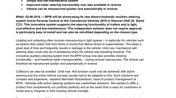 IAA 2018: BPW presents innovative electro-hydraulic auxiliary steering system Active Reverse Control