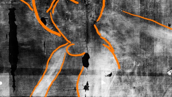 Bowes Museum panel Xray marked close up of King or wise man offering gift (photo credit Northumbria University and The Bowes Museum)