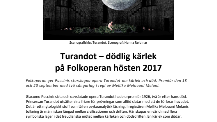 ​Turandot – dödlig kärlek på Folkoperan hösten 2017