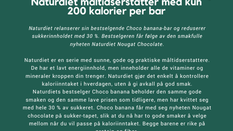 Nyhet! Naturdiet måltidserstatter med kun 200 kalorier per bar