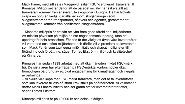 Kinnarps uppmuntrar miljöinitiativ