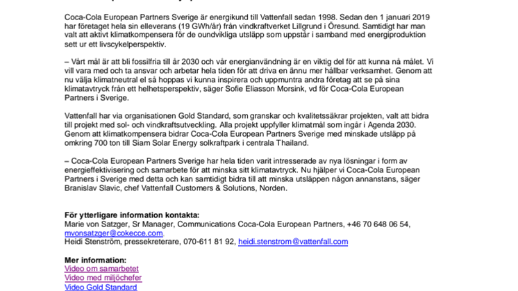 Coca-Cola European Partners och Vattenfall fördjupar klimatsamarbetet