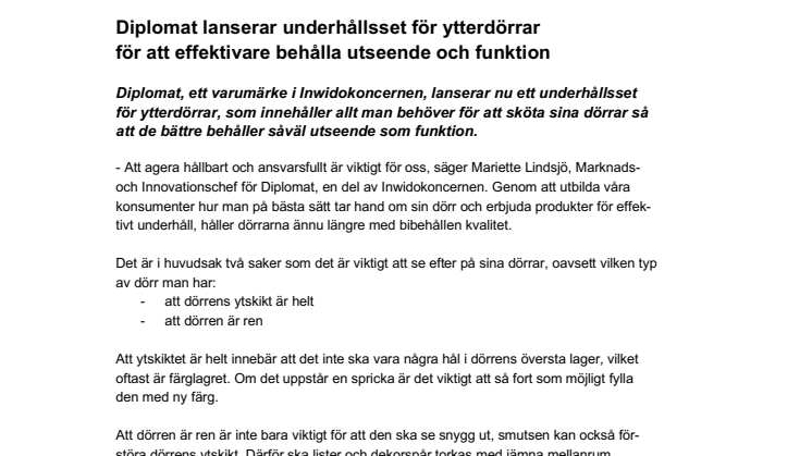 Diplomat lanserar underhållsset för ytterdörrar för att effektivare behålla utseende och funktion 