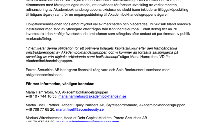 Akademibokhandelsgruppen emitterar 4-årig säkerställd obligation om 500 miljoner kronor