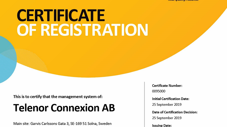 Telenor Connexion achieves ISO 27001 certification