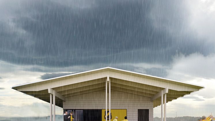 Byggnaden är en genuin träbyggnad som i princip är klimatoptimerad för låga koldioxidemissoner. Bild: Arkitektbolaget i Kronoberg AB