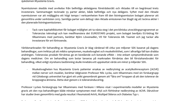 Toleranzia tar in kapital och förbereder för notering på AktieTorget