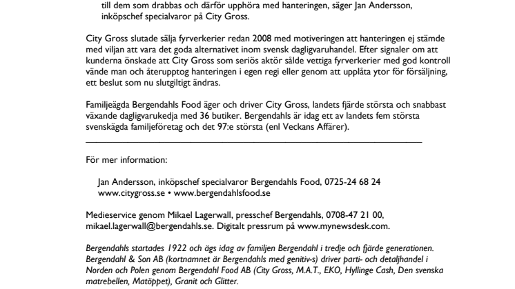 City Gross slutar sälja fyrverkerier