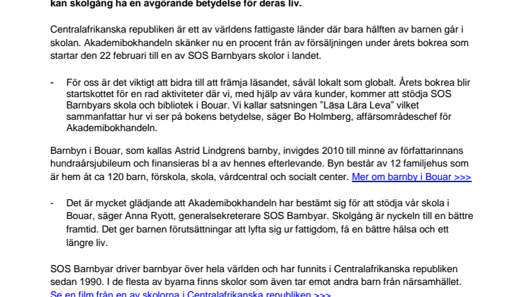 Akademibokhandelns bokrea bidrar till SOS Barnbyar