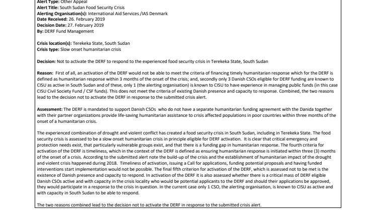 2019-003-SO Alert Decision note - Fund not activated