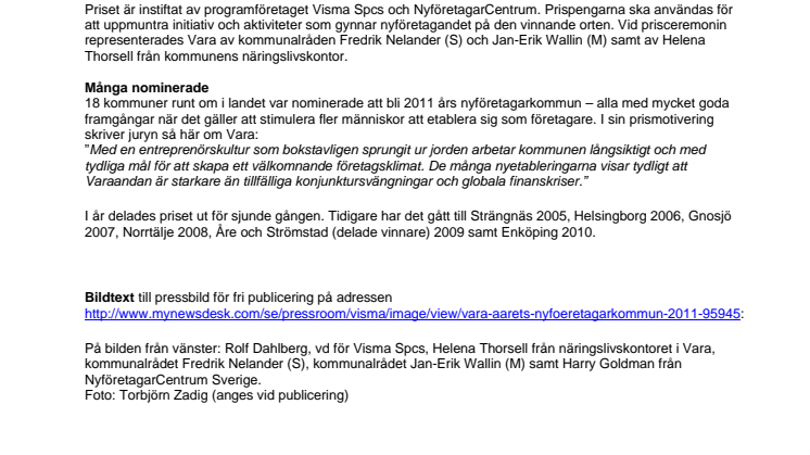 Vara tog emot priset till Årets nyföretagarkommun