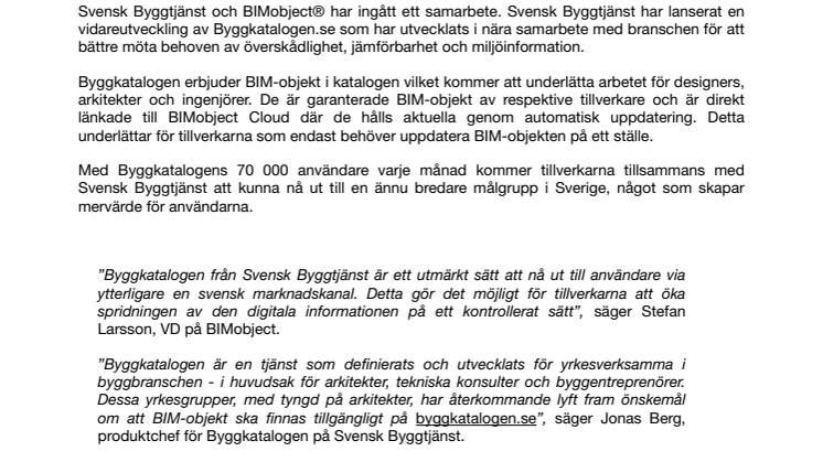 Byggkatalogen från svensk byggtjänst nu med BIM-objekt från BIMobject® Cloud