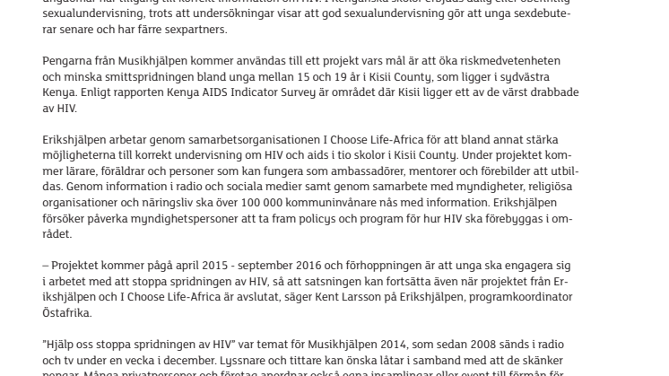 Erikshjälpen fick 1,75 miljoner från Musikhjälpen