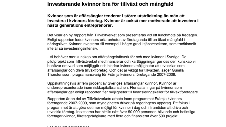 Investerande kvinnor bra för tillväxt och mångfald