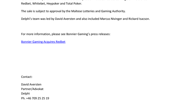 Delphi advised Bonnier Gaming in the acquisition of Redbet