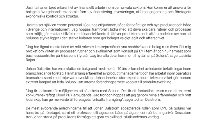 Soluno utser ny CFO och CPO