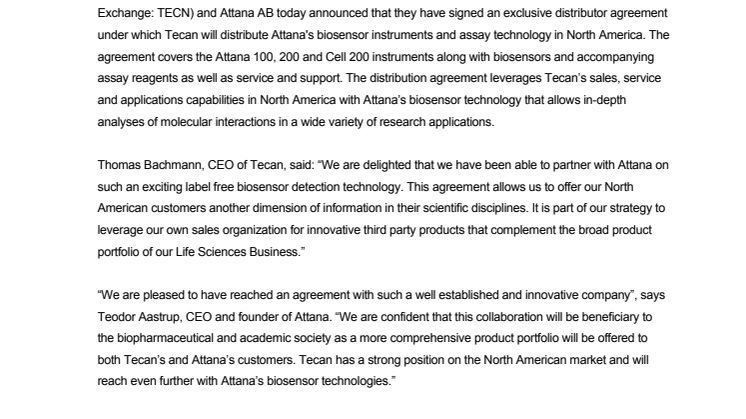 Tecan Group and Attana AB sign distribution agreement in North America