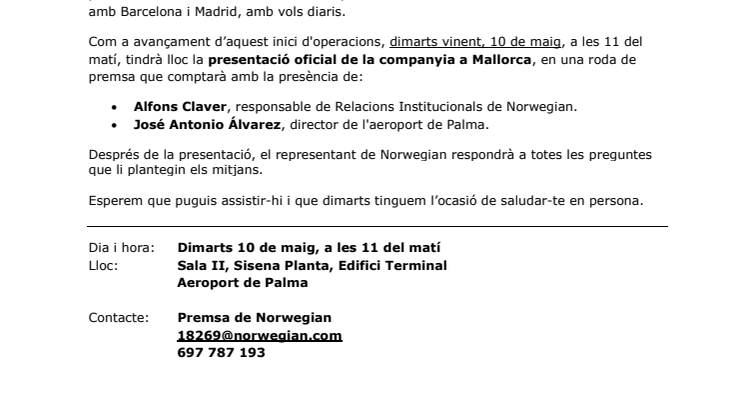 Descarrega convocatòria: aeroport de Palma (dimarts 10 de maig, 11 del matí).