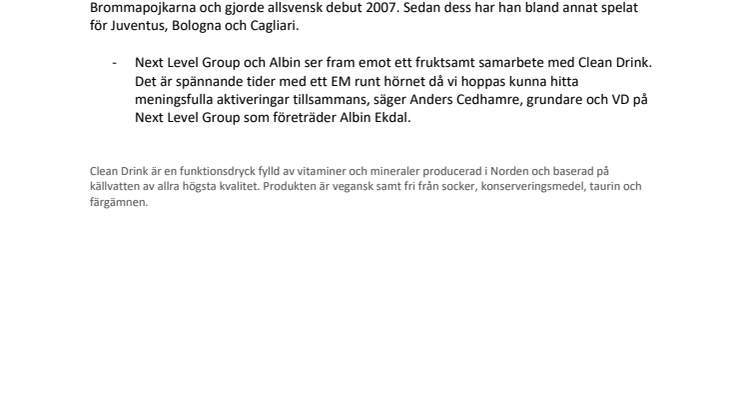 Clean Drink går in i sponsorsamarbete med Albin Ekdal 