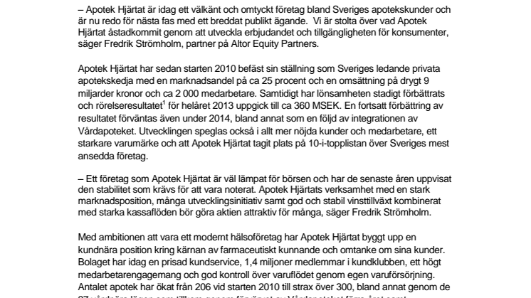 Apotek Hjärtat startar förberedelser för en notering på NASDAQ OMX Stockholm 