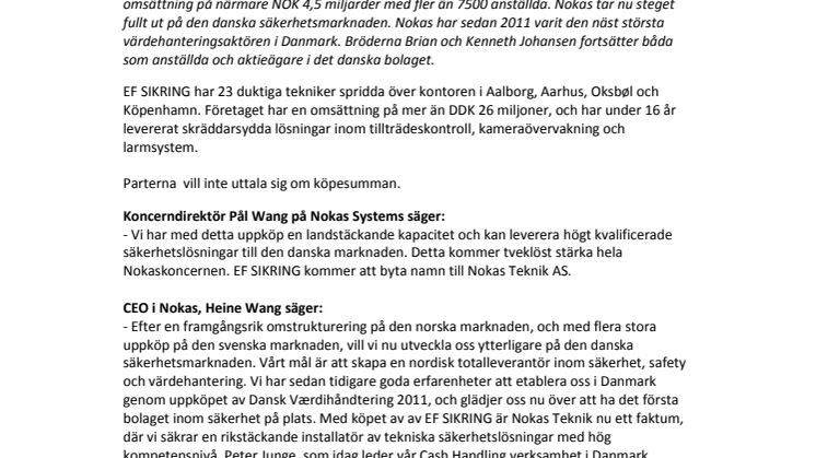 Nokas gör nya förvärv på den danska säkerhetsmarknaden