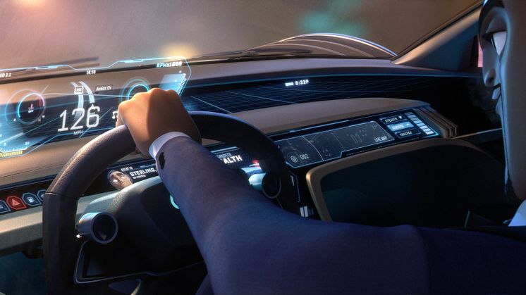 Audi RSQ e-tron cockpit (spionbil til animationsfilmen Spies in Disguise) med hovedperson Lance Sterling