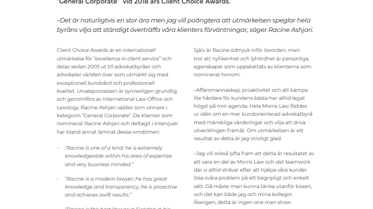 Racine Ashjari vinnare i årets Client Choice Awards