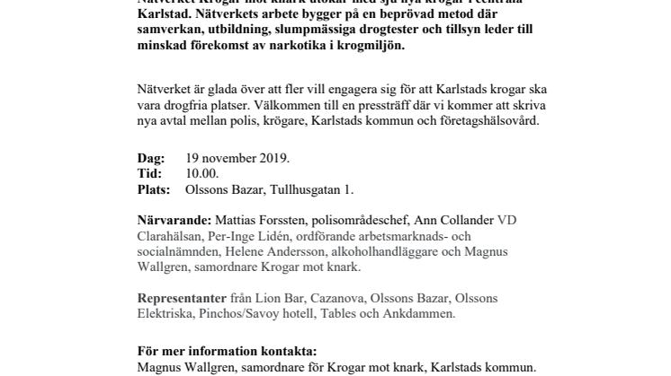 Pressinbjudan: Nya krogar skriver avtal mot knark 19 november