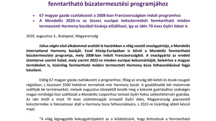 Magyarország is csatlakozott a snackgyártó Mondelēz fenntartható búzatermesztési programjához