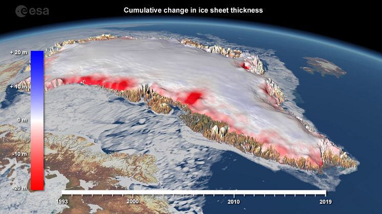 Cumulative change in ice sheet thickness in Greenland