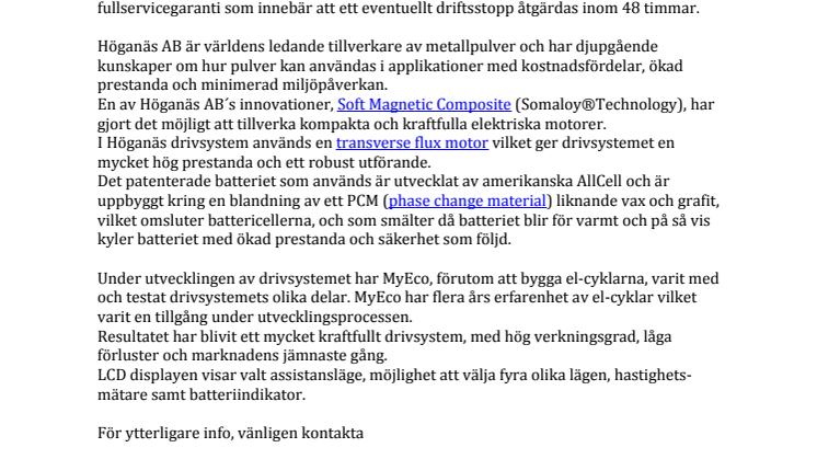 MyEco AB i samarbete med Höganäs AB om elektriska drivsystem för elcyklar