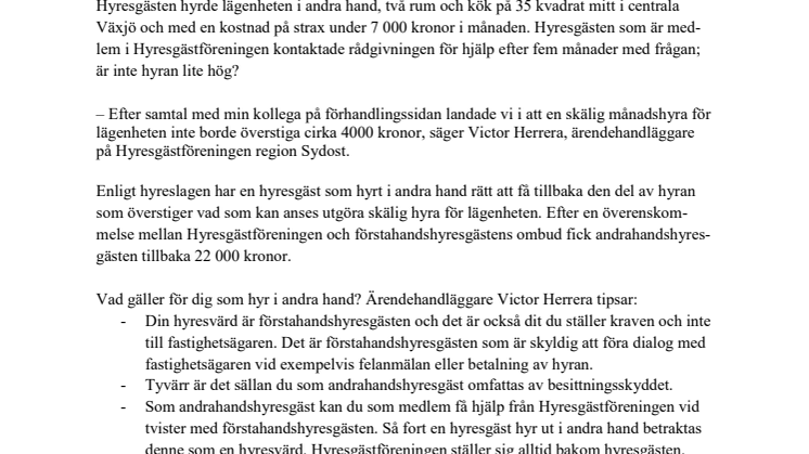​Hyrde i andra hand – fick tillbaka 22 000 kronor
