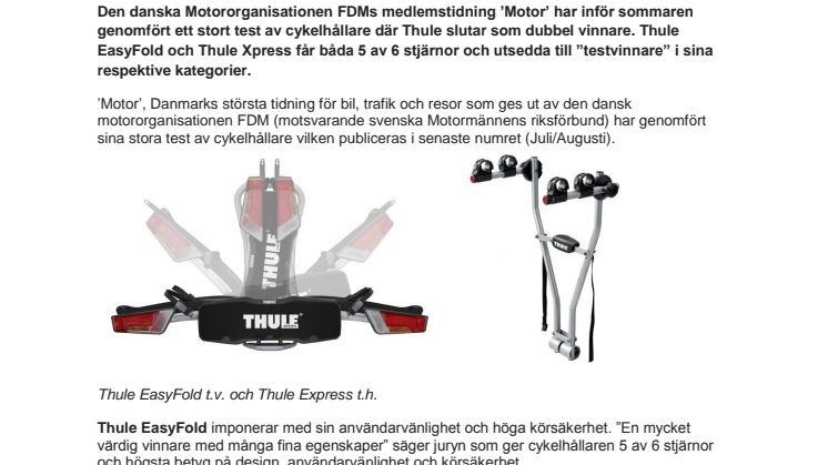 Thule EasyFold och Thule Xpress utsedda till bäst i test i danska tidningen Motor